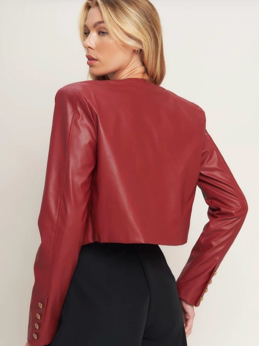 Flying Tomato Red Leather Bomber Jacket with Gold Buttons